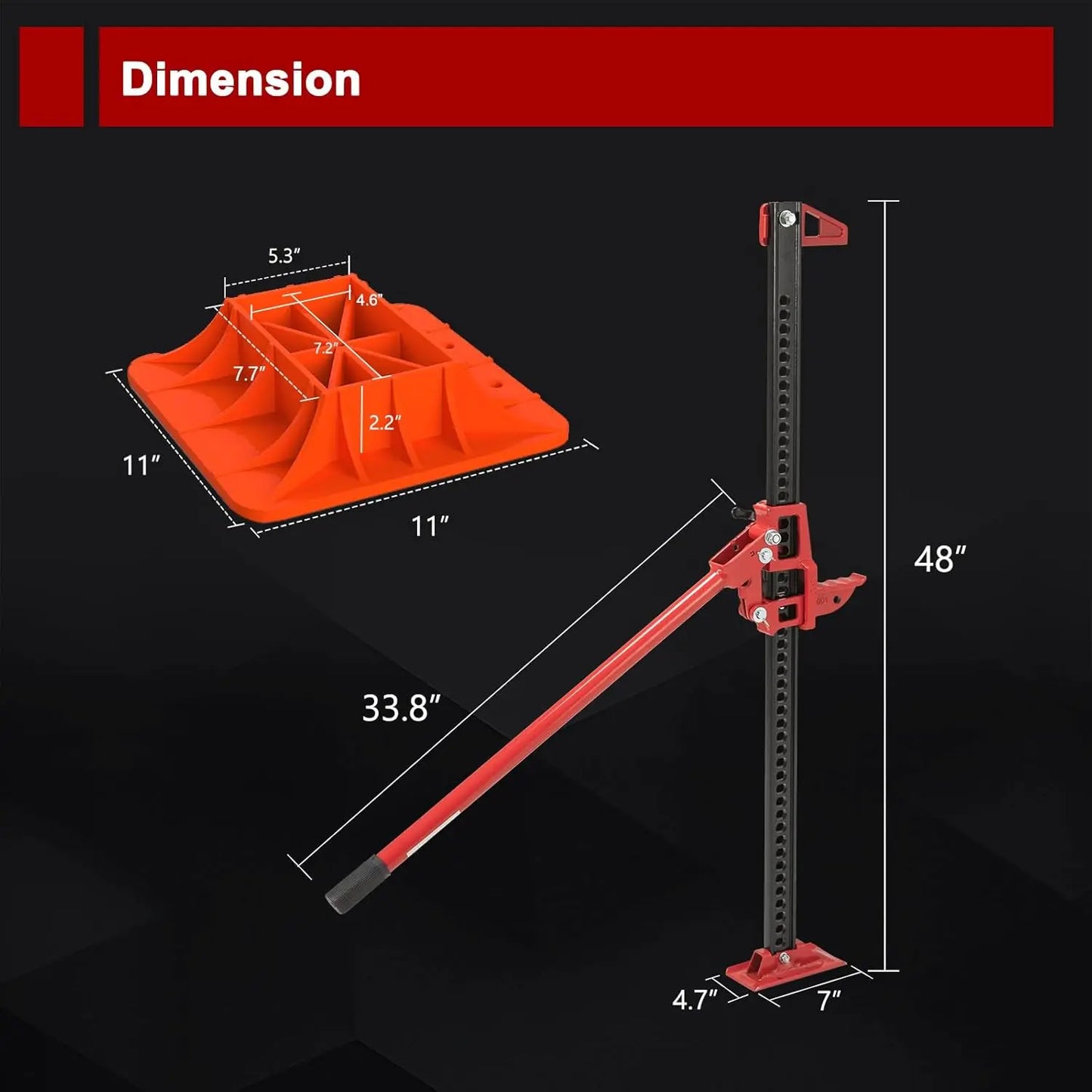 48" Heavy Duty High Lift Farm Jack with Base Plate, 3 Ton Capacity for Offroad Recovery on Trucks & SUVs