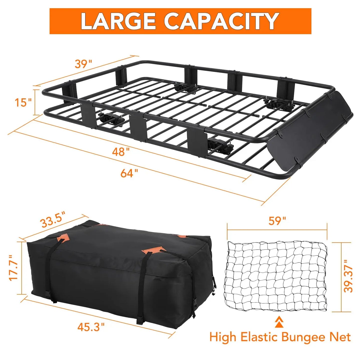 64" Roof Rack Basket, 200LB Capacity Adjustable Steel Cargo Carrier with Waterproof Bag Net Universal Rooftop Basket