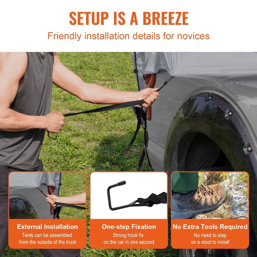 Truck Bed Tent 6.4-6.7ft for Pickup Truck with Rain Layer and Carry Bag Waterproof PU2000mm Double Layer Tent in Black Fits 2-3