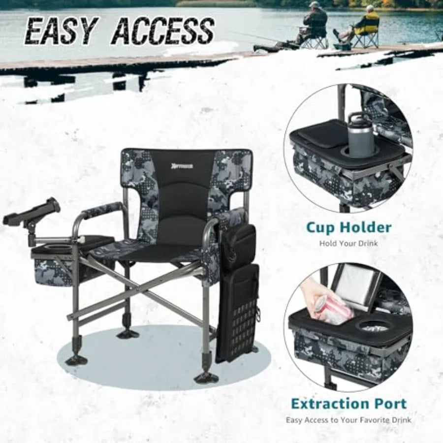 2 Pack Fishing Chairs with Rod Holder Folding Ice Fishing Chair for Adults Outdoor Camping Chair Leg Adjustable with Cooler Bag
