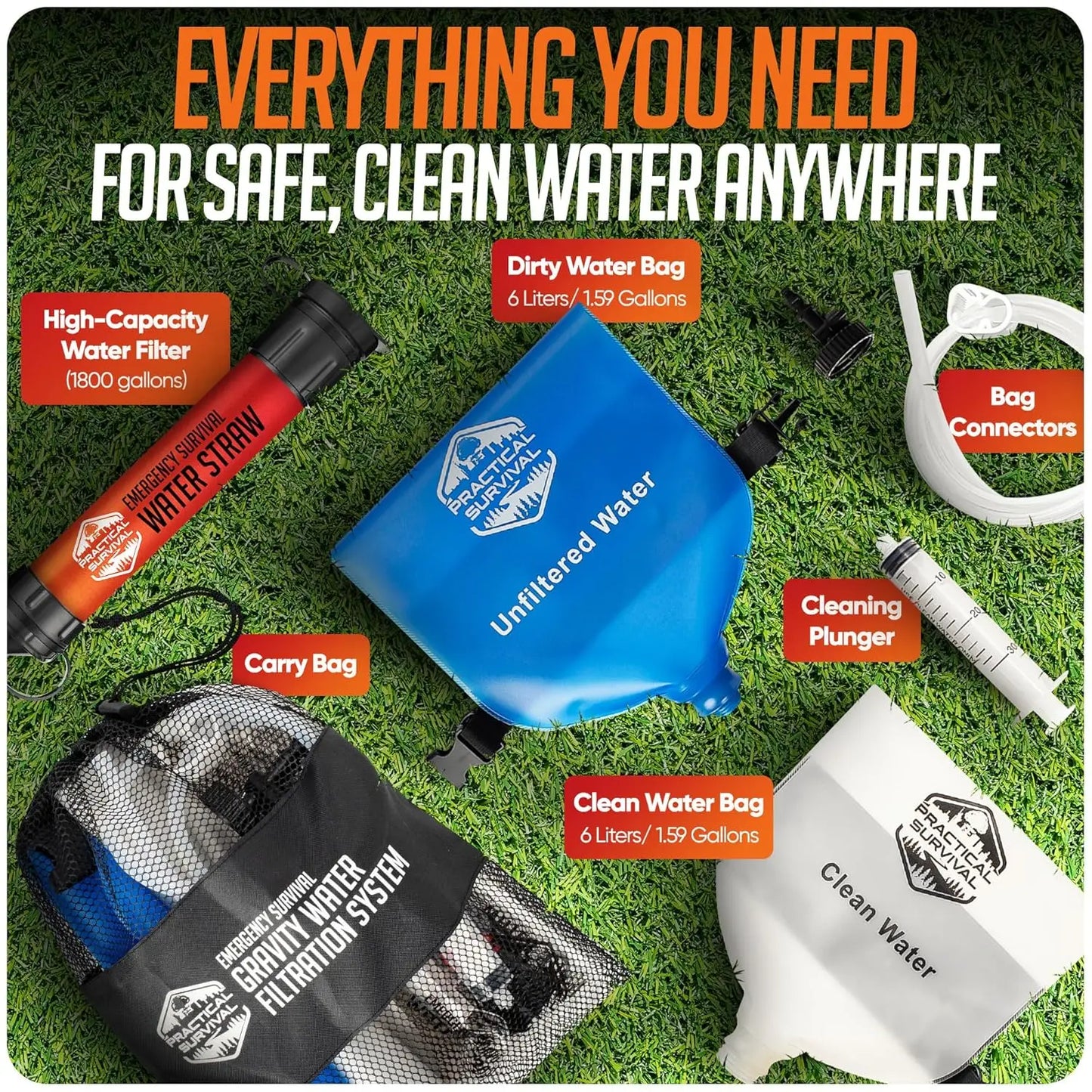 Portable Water Filter System with 2 Hanging Bags for Camping, Hiking, Survival - Includes Plunger
