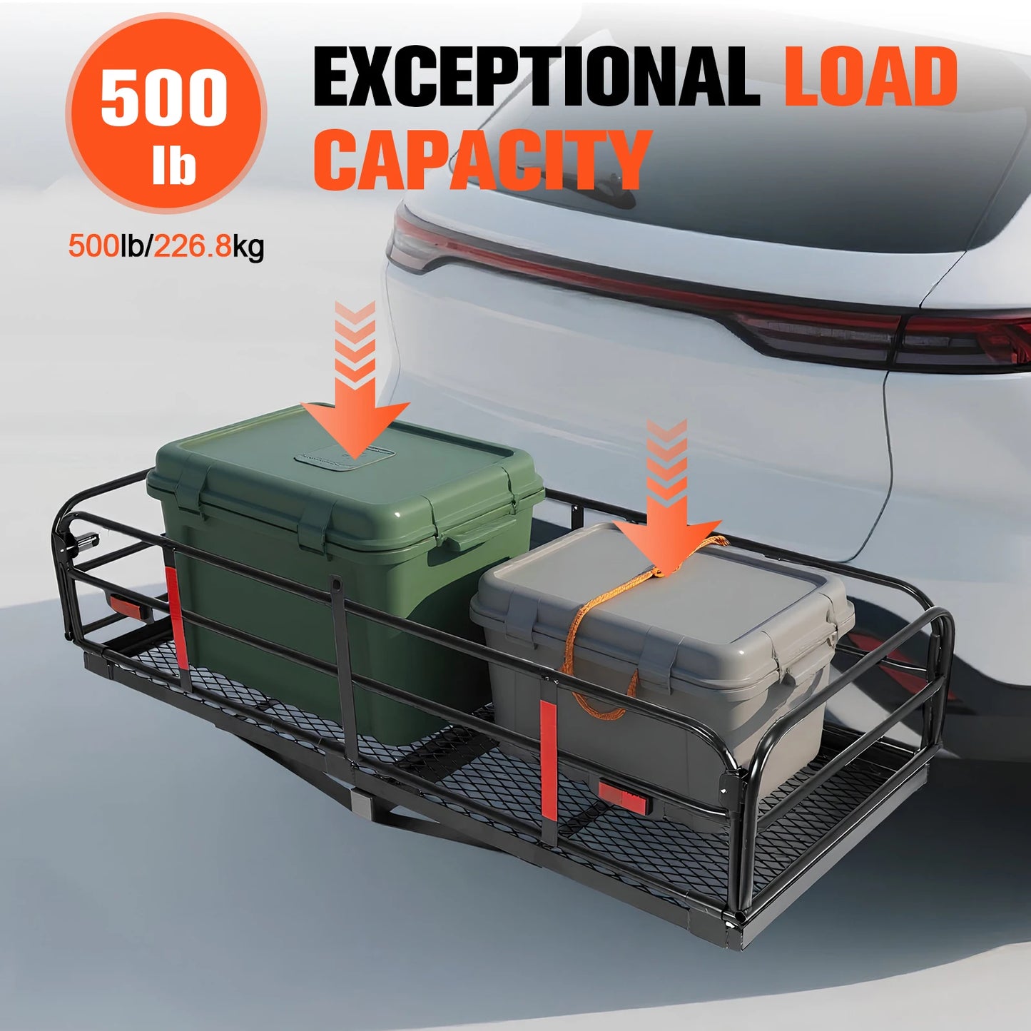 Hitch Mount Basket Folding Cargo Rack Rear Luggage Basket 500 LBS Capacity with Hitch Stabilizer for SUV Pickup Truck Trailer