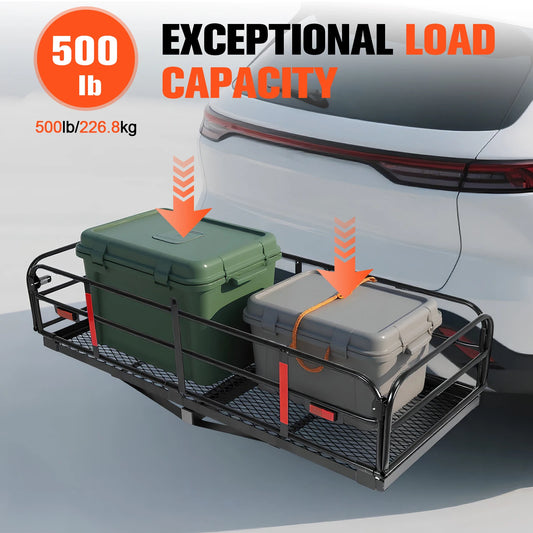 Hitch Mount Basket Folding Cargo Rack Rear Luggage Basket 500 LBS Capacity with Hitch Stabilizer for SUV Pickup Truck Trailer