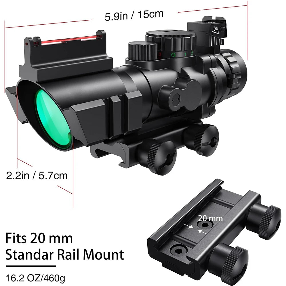 4x32 Tactical Riflescope with Fiber Optic Sight RGB Illuminated Reticle Prism Scope Hunting Gun Scopes with 20 mm Picatinny Rail
