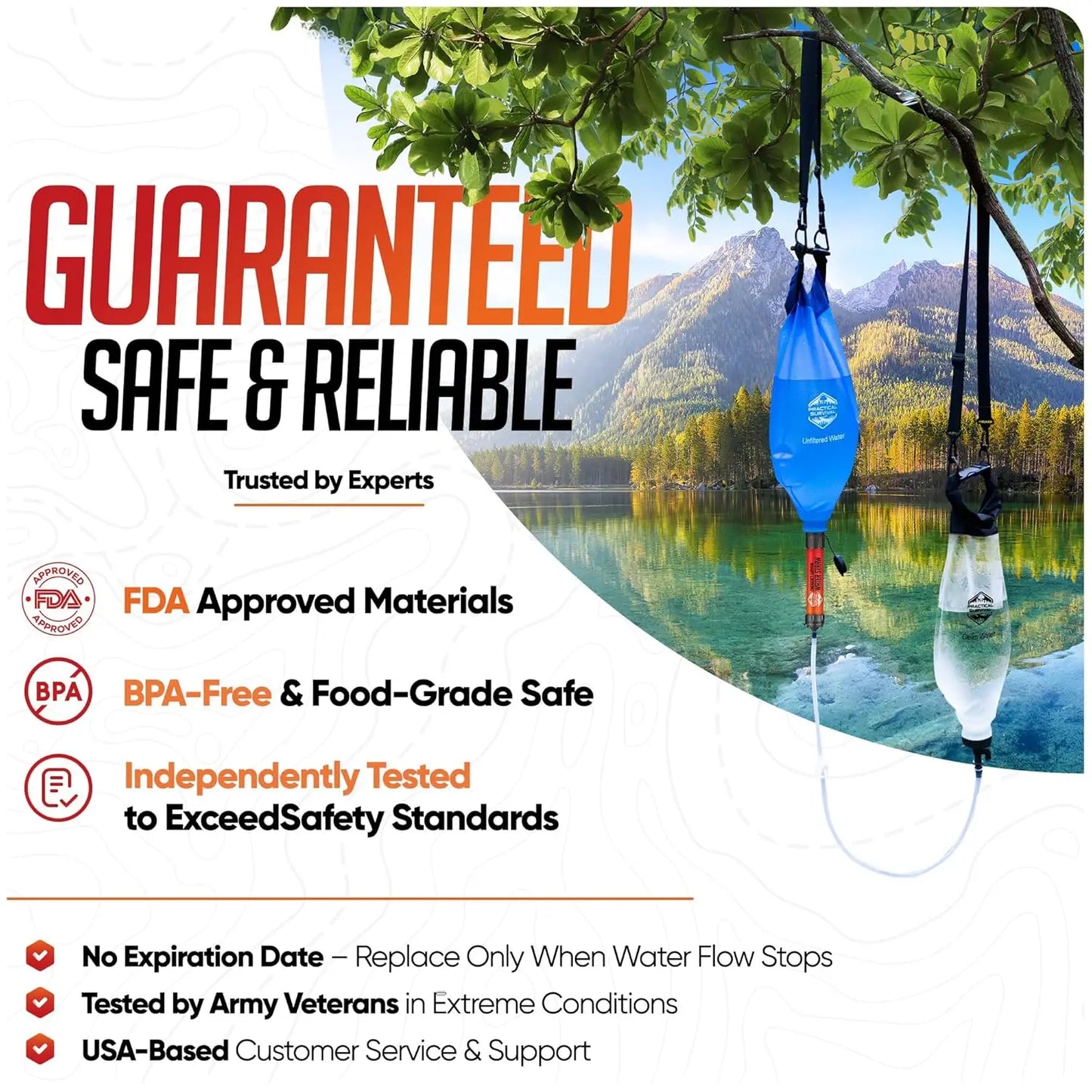 Portable Water Filter System with 2 Hanging Bags for Camping, Hiking, Survival - Includes Plunger