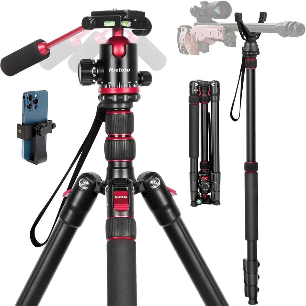 2-in-1 Adjustable Aluminum Tripod for Camera & Hunting, 68 Height, Removable Handle, Compatible with DSLR, Canon, Nikon, Sony, I