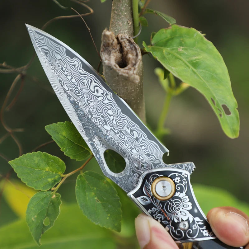 High Quality Damascus Steel Pocket Knife with Sheath, Resin Maple Handle, EDC Survival Adventure Tools Hunting Folding Knife