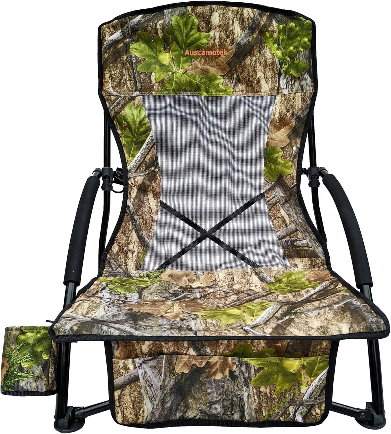 Low Profile Hunting Chair, Portable Folding Camo Chair with Cup Holder, Mesh Back, Shoulder Strap & Carry Bag