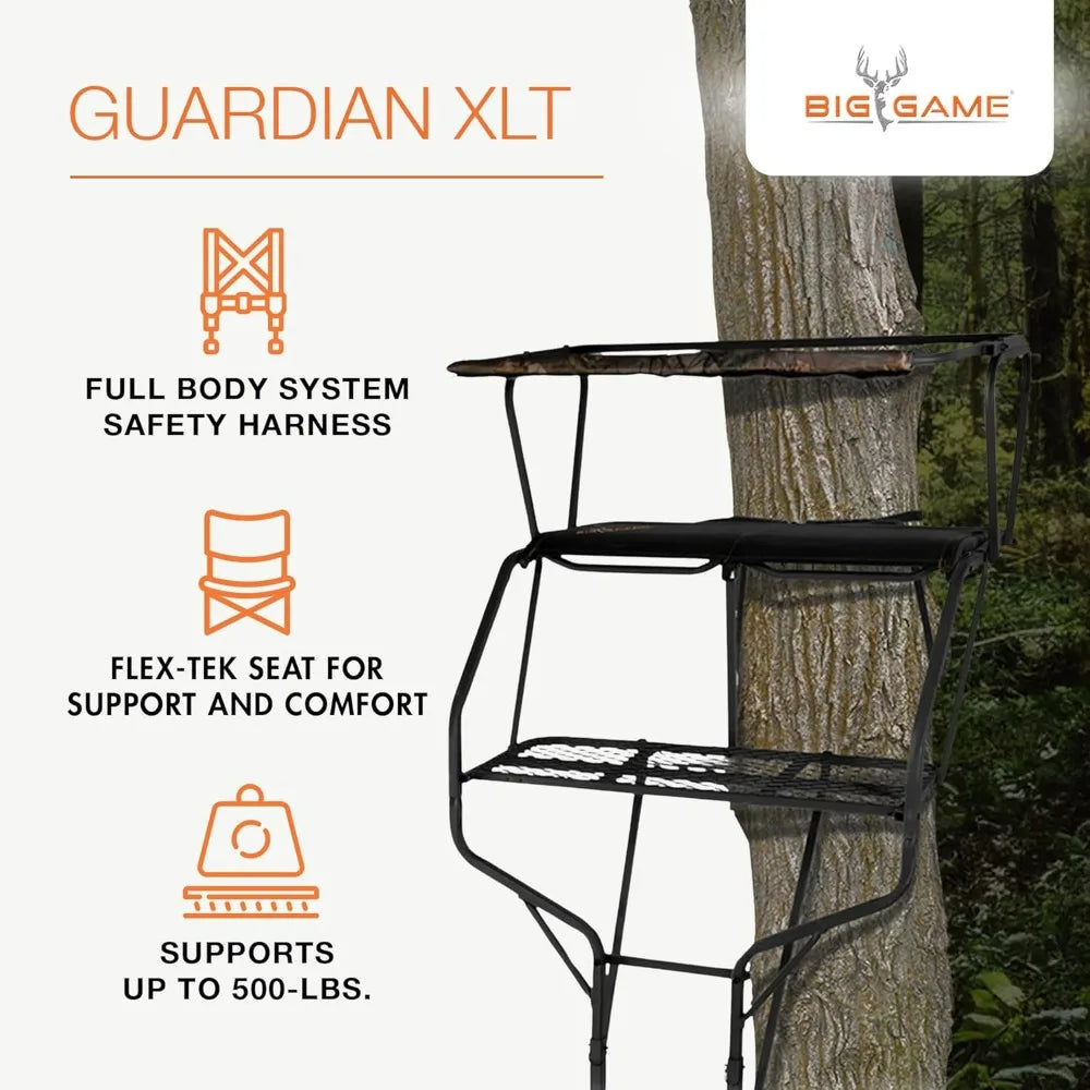 Hunting Deer 2-Person Ladder Tree Stand with Seats, 18 Feet Tall, Camouflage/Black - Adjustable Climbing Platform