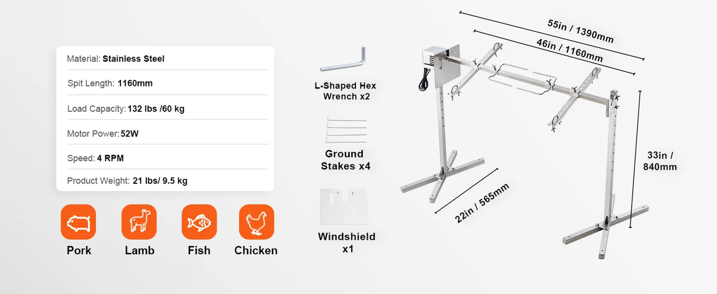 SucceBuy Electric BBQ Rotisserie Grill Kit Automatic 42W Motor Height Adjustable Universal Roaster Stand Spit Rod w/ Heat Shield