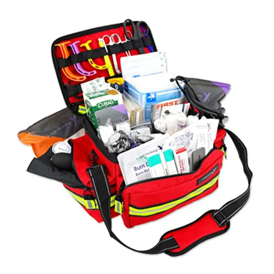 Lightning X Mid-Sized First Responder EMT Bag LXMB25 Fully Stocked w/ 240+ First Aid EMS Trauma Supplies - RED