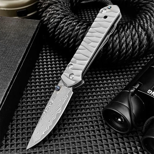Outdoor Camping Rescue Folding Pocket Knife Damascus Steel Blade Titanium Alloy Handle Everyday Carry Multi-Purpose Tool