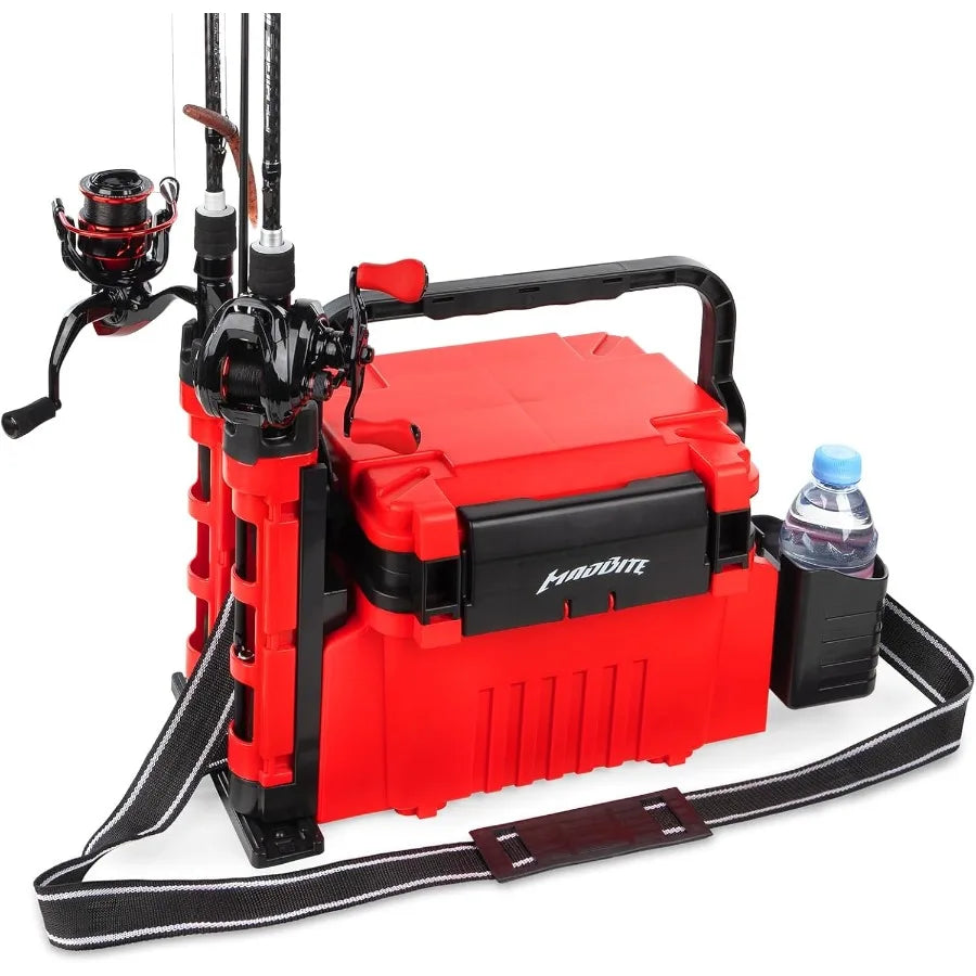 MadBite By KastKing RigHub Portable Tackle Storage Box with Adjustable Rod Holder and Cup Holder Removable Dividers for Fishing