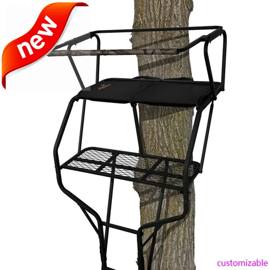 Hunting Deer 2-Person Ladder Tree Stand with Seats, 18 Feet Tall, Camouflage/Black - Adjustable Climbing Platform