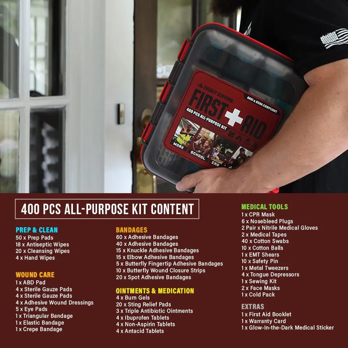 400-Piece OSHA/ANSI Compliant First Aid Kit for Workplace, Home & Car - Type III Class A Emergency Medical Supplies