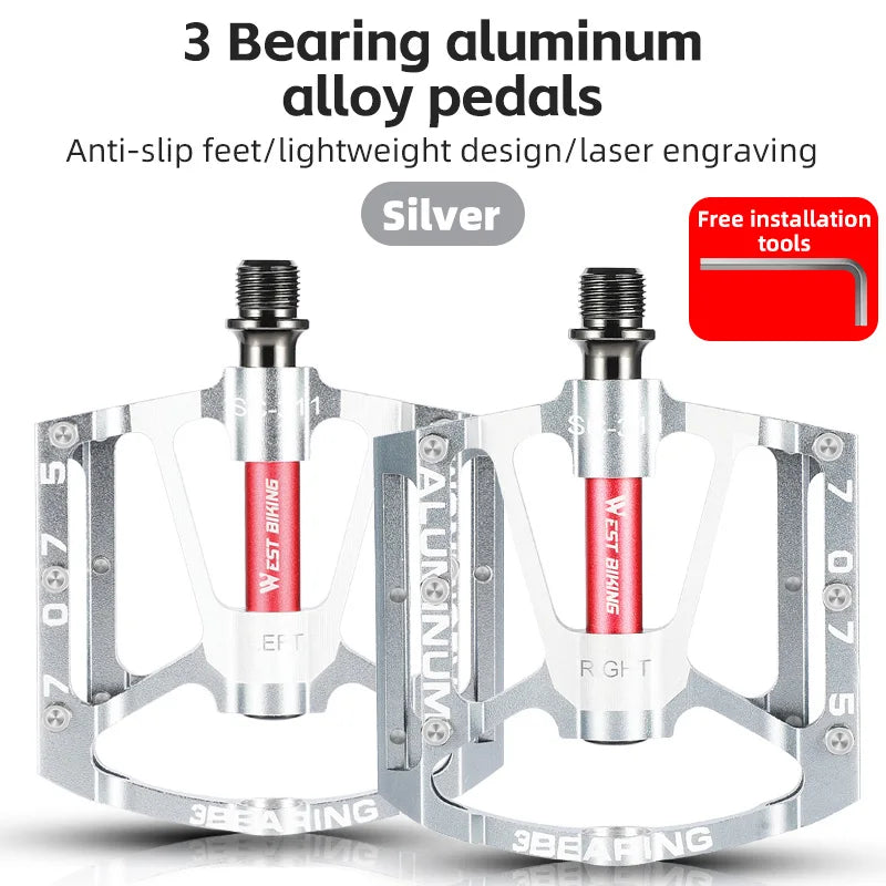 WEST BIKING Bicycle Pedal Three Bearing Aluminum Alloy Pedal Mountain Bike Road Bike Pedal Color Bike Accessories