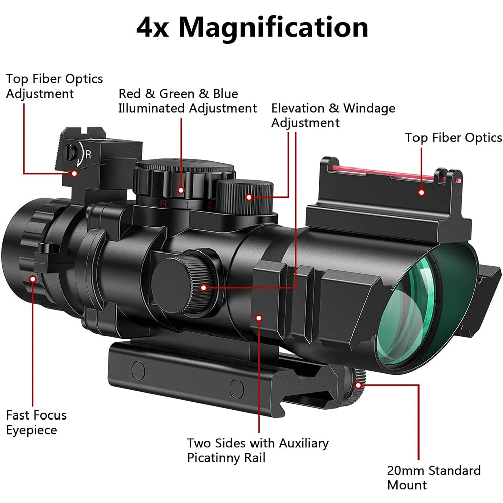 4x32 Tactical Riflescope with Fiber Optic Sight RGB Illuminated Reticle Prism Scope Hunting Gun Scopes with 20 mm Picatinny Rail