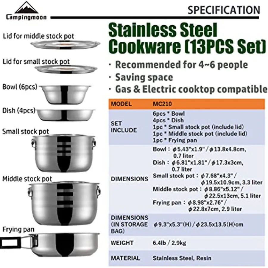 CAMPINGMOON Camping Cookware Set Stainless Steel Outdoor Nesting Cooking Mess Kit Pots Pans Bowls with Storage Carrying Tote Ba