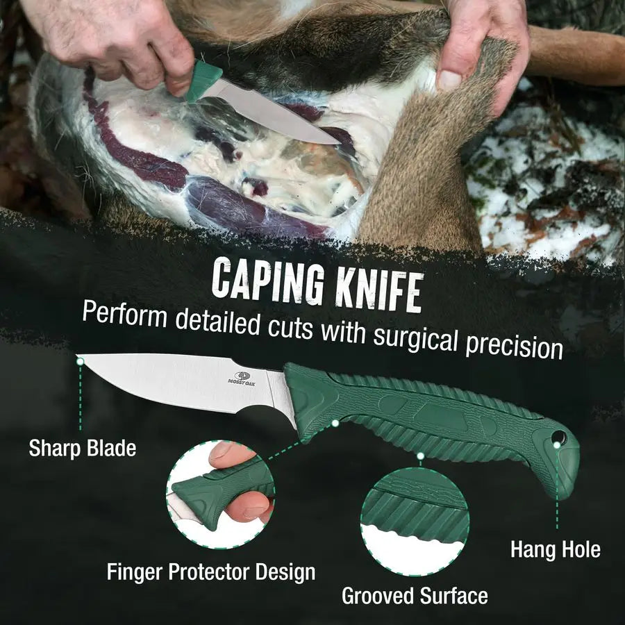 Field Dressing Kit, 4 Pcs Hunting Knife Set with Portable Sheath, GutHook Skinner, Caping Knife, Wood Bone Saw, Knife Sharpener,