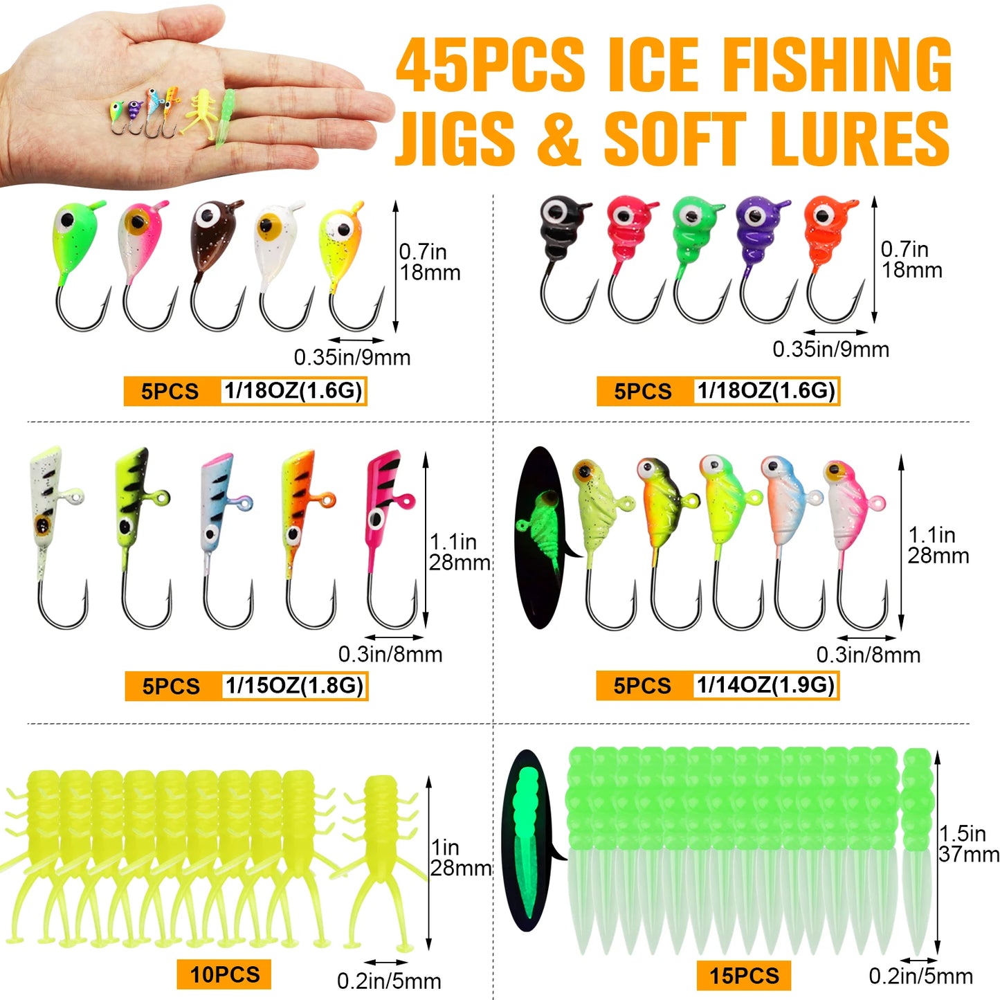 45pcs  Fishing Kit Ice Fishing Jigs Ice Fishing Lures Walleye Fishing Lures Crappie Jigs