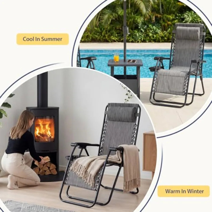 Set of 4 Portable Recliner Chairs Grey Outdoor Folding Lounge Chair with Cup Holder Trays Adjustable Pillow for Beach Poolside