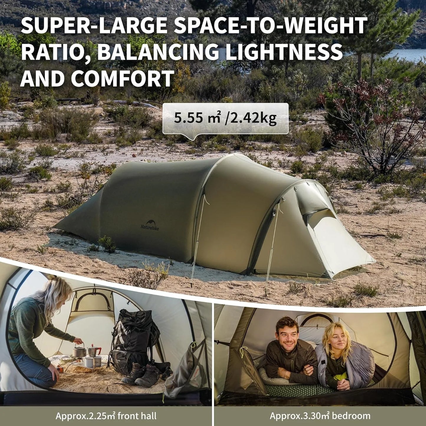 Naturehike Opalus UL Tunnel Tent Lightweight 15D Nylon Hiking Tent Large Space Outdoor Camping Travel 4 Season 2-3 Person Tent