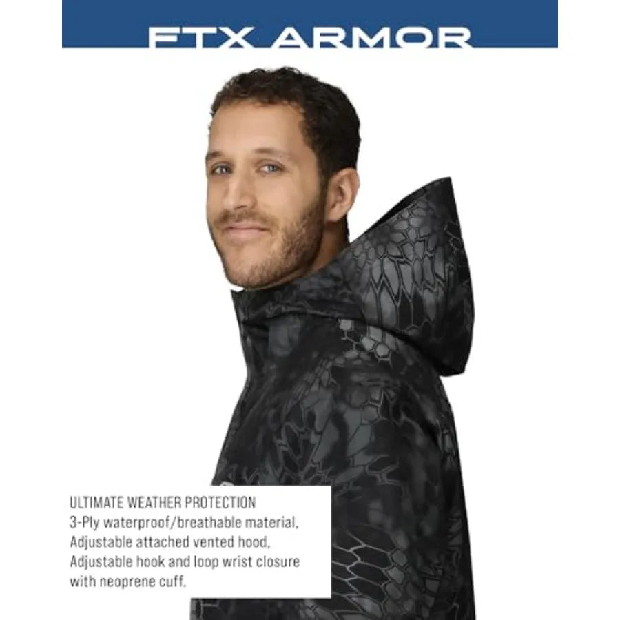 Men's FTX Armor Premium Waterproof Rain Fishing Jacket in Black with High-Visibility Details for Enhanced Safety and Durability