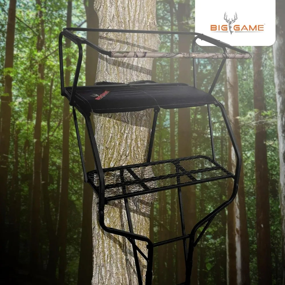 Hunting Deer 2-Person Ladder Tree Stand with Seats, 18 Feet Tall, Camouflage/Black - Adjustable Climbing Platform
