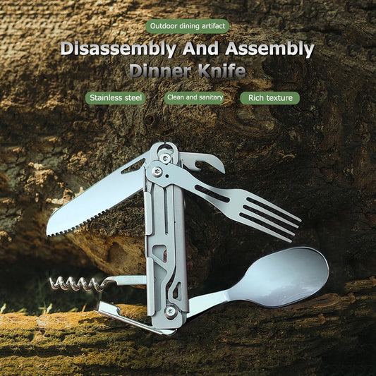 Six in One Multifunctional Foldable Camping Cutlery Set Portable Stainless Steel Outdoor Utensils for Picnic Hike Travel