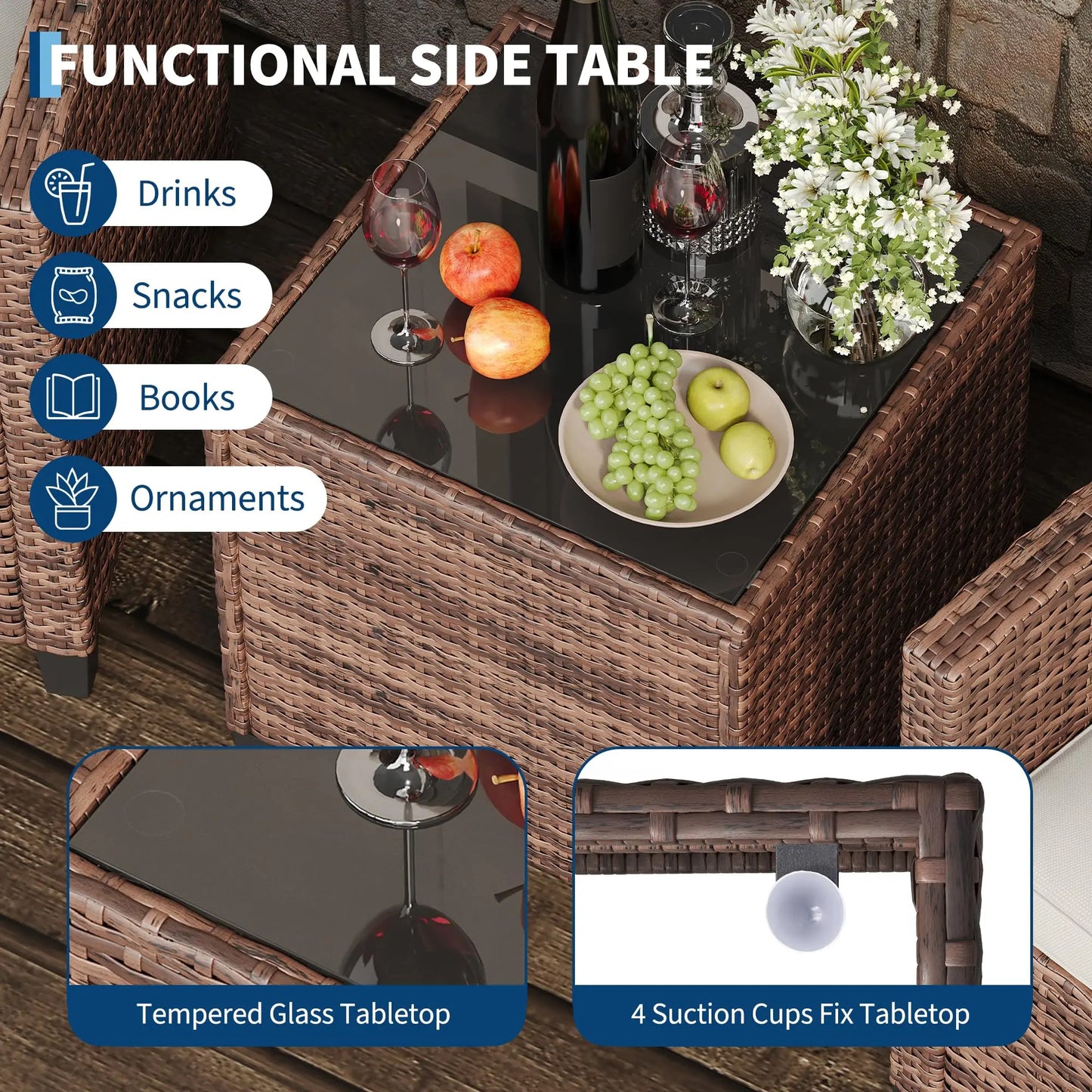 3-Piece Patio Furniture Set Outdoor Wicker Chairs Rattan Conversation Set With Glass Table & Cushions For Balcony Porch
