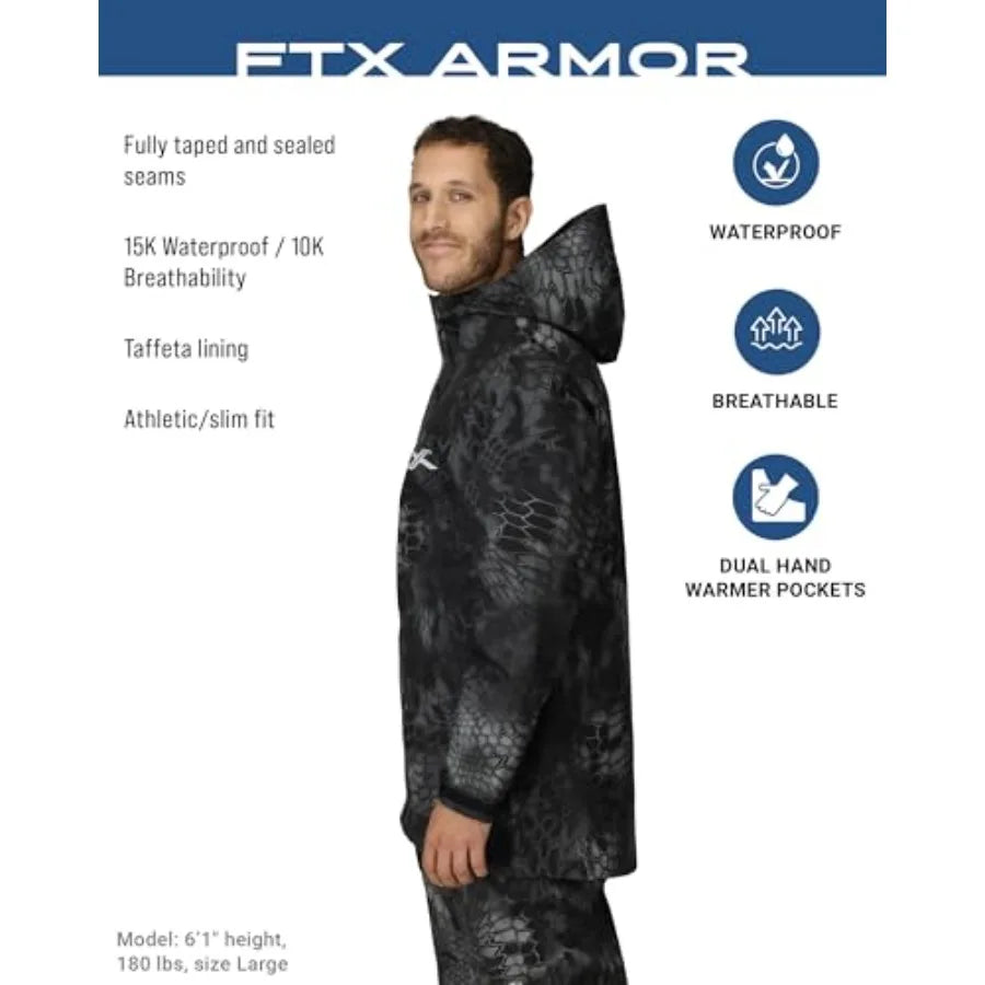 Men's FTX Armor Premium Waterproof Rain Fishing Jacket in Black with High-Visibility Details for Enhanced Safety and Durability