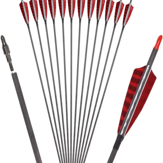 Carbon 600-700 Spine 30 Turkey Feather Fletched Arrows with Screw-In Points for Traditional, Recurve, and Compound Bows Hunting