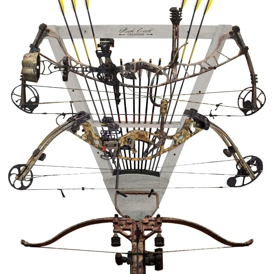 Rush Creek Creations Wall Mounted Bow and Arrow Display Rack for Hunting and Archery Accessories Real Tree 3-Bow Holder and 12-