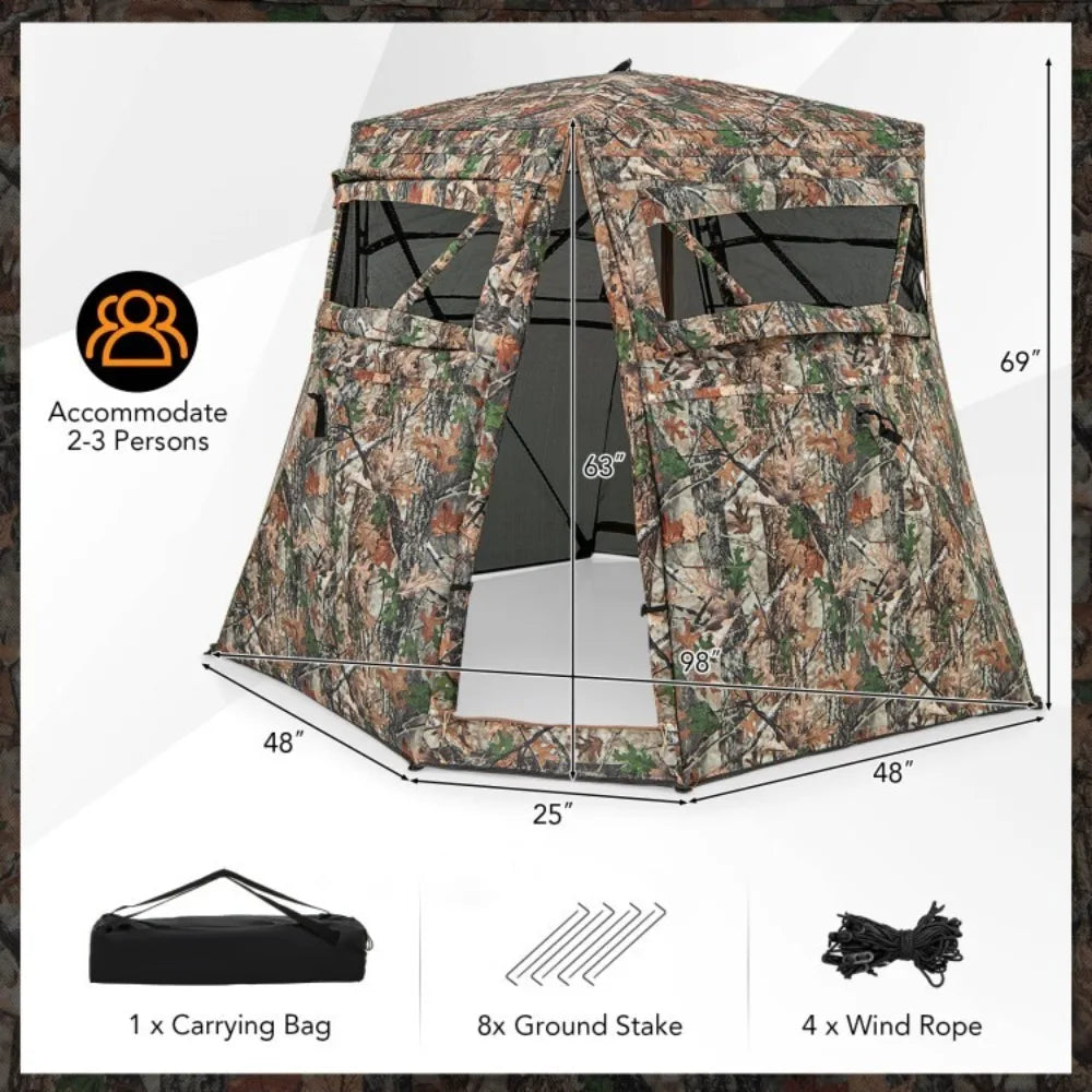 360° Pop Up Hunting Ground Blind W/4 Full Panels Of One-Way See-Through Fabric