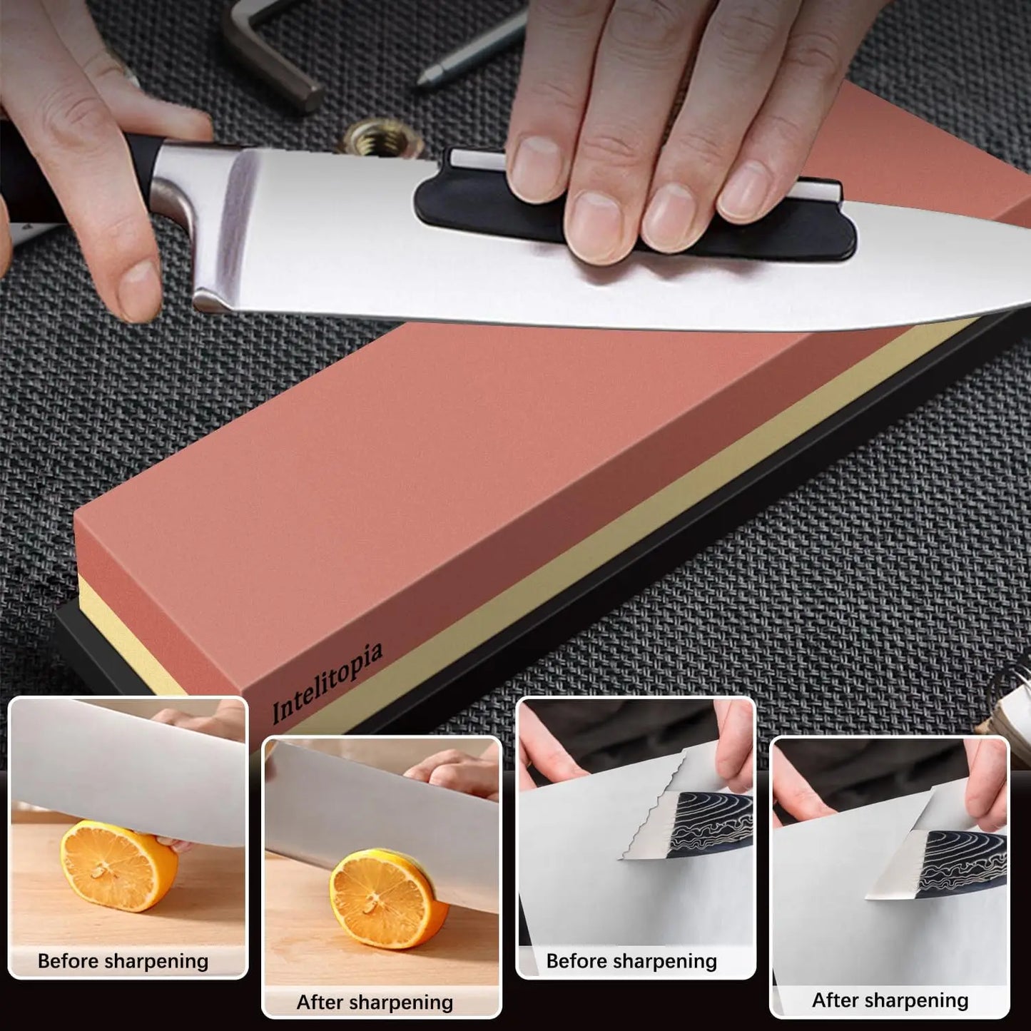 Complete Knife Sharpening Stone Set - Dual Grit Whetstone 400/1000 & 3000/8000 with Leather Strop, Base & Guide