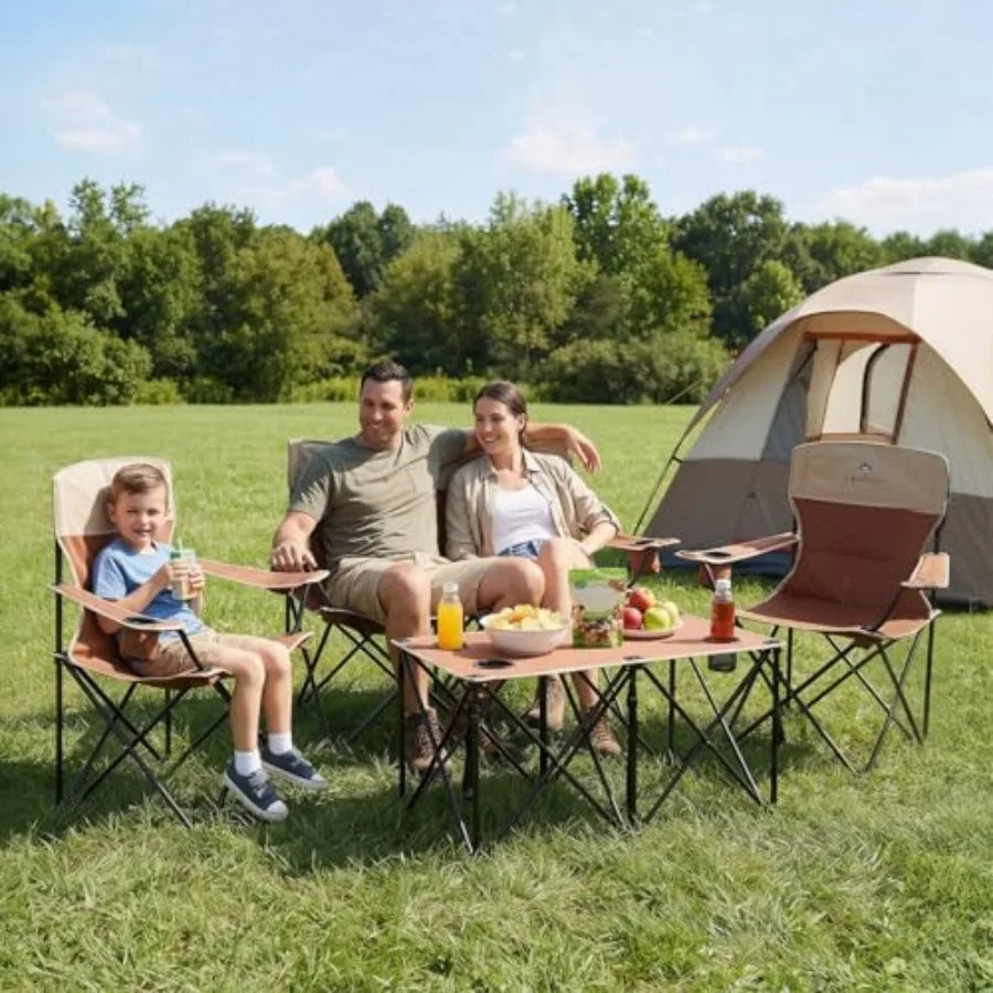 Set of 3 Outdoor Folding Camping Chairs for Heavy People with Cup Holder and Carry Bag Includes One Sofa Chair and Two Single C