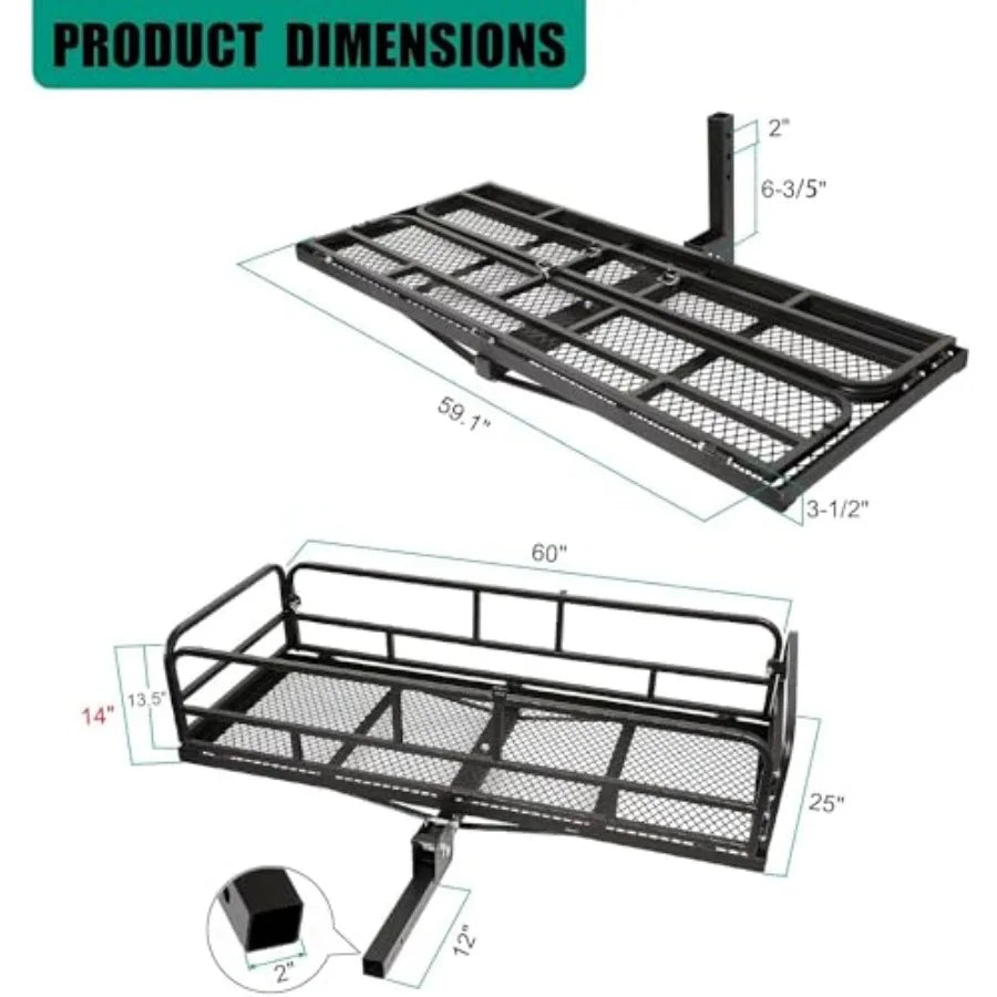 Trailer Hitch Cargo Rack 60 x 24 x 14 Inch Folding Hitch Mount Cargo Carrier with High Side Rails for RV Truck SUV Van 500 lbs.