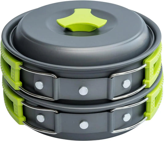 Backpacking Camping Cookware Kit - Pots/Pans Set, Stove-Compatible, Essential Camp Kitchen Gear.