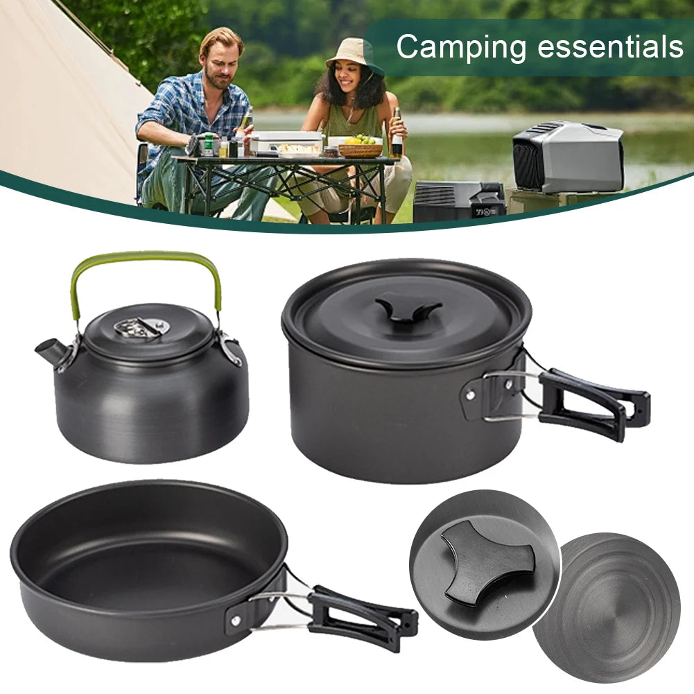 3PCS Camping Cookware Set Pot Pan Kettle Set Portable Cooker Set 2-3 Person with Mesh Bag for Camping Backpacking Outdoor Picnic