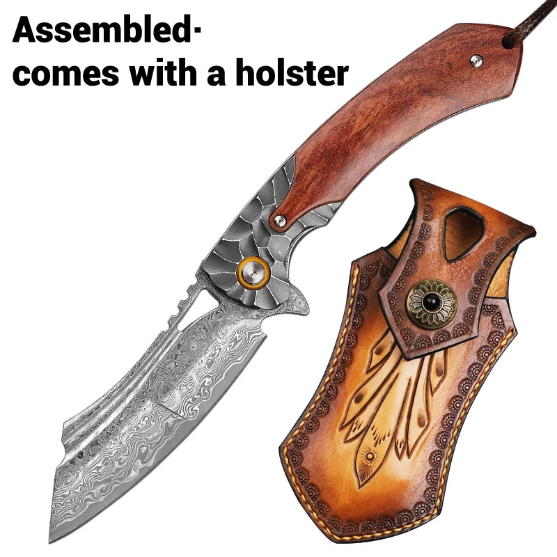 Handmade Damascus Steel Folding Pocket Knife, EDC Outdoor Adventure Pocket Knife, Hunting Hiking Mountaineering Camping Knife