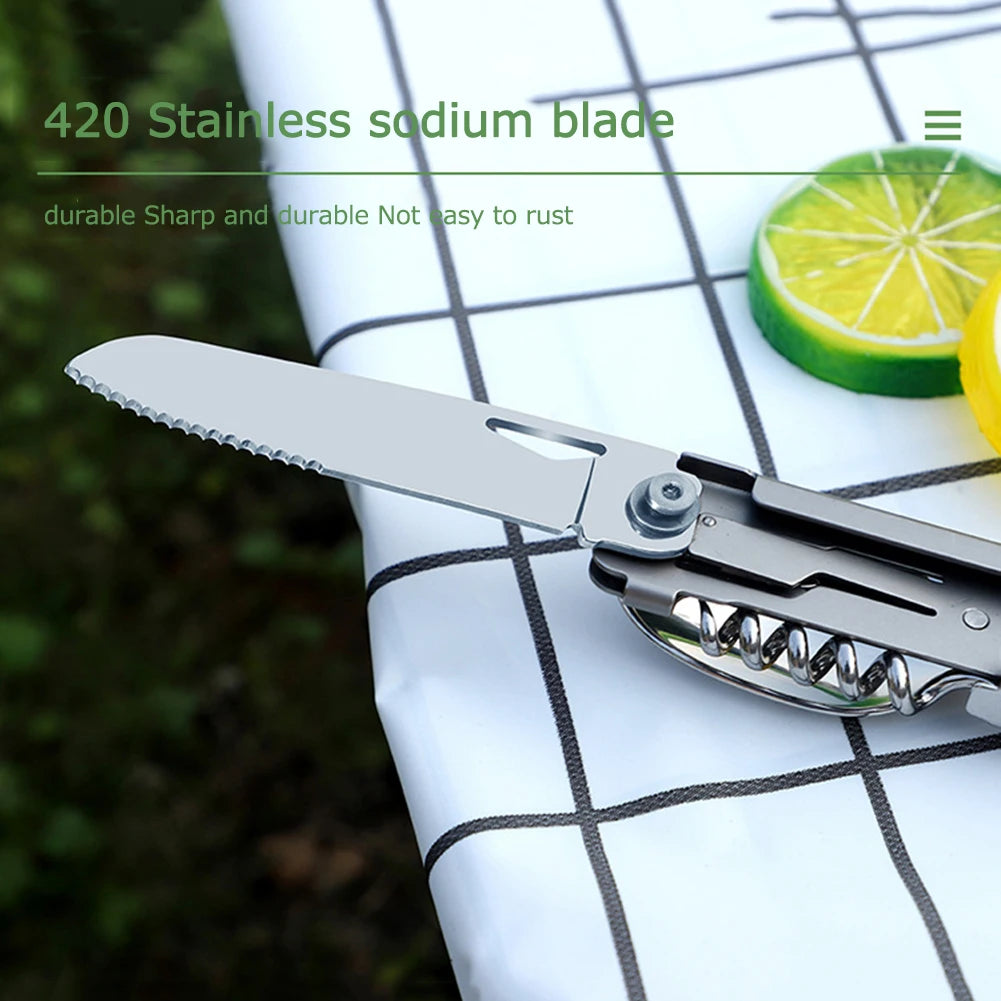 Six in One Multifunctional Foldable Camping Cutlery Set Portable Stainless Steel Outdoor Utensils for Picnic Hike Travel