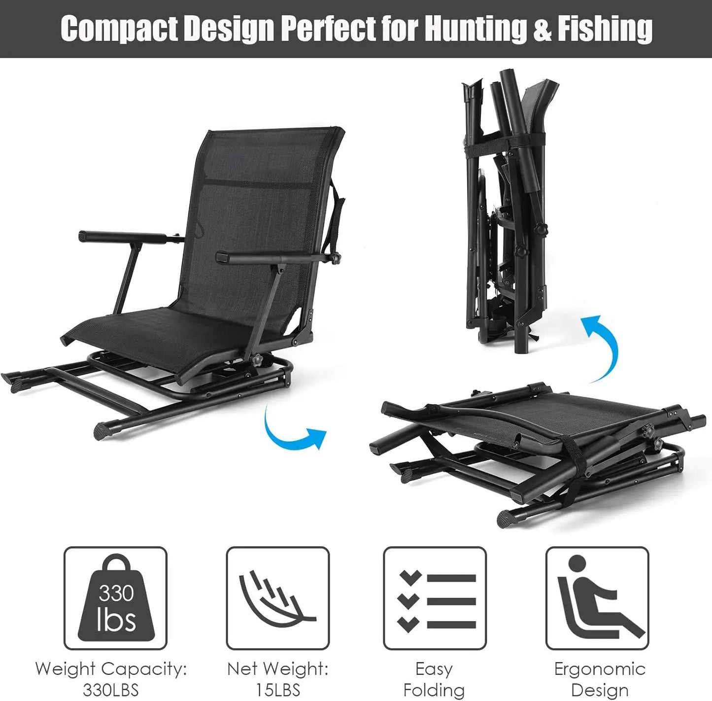 360 Degree Swivel Hunting Blind Chair, Portable Swivel Blind Stool W/Armrest, Sturdy Metal Frame, Mesh Back, Ground Hunt