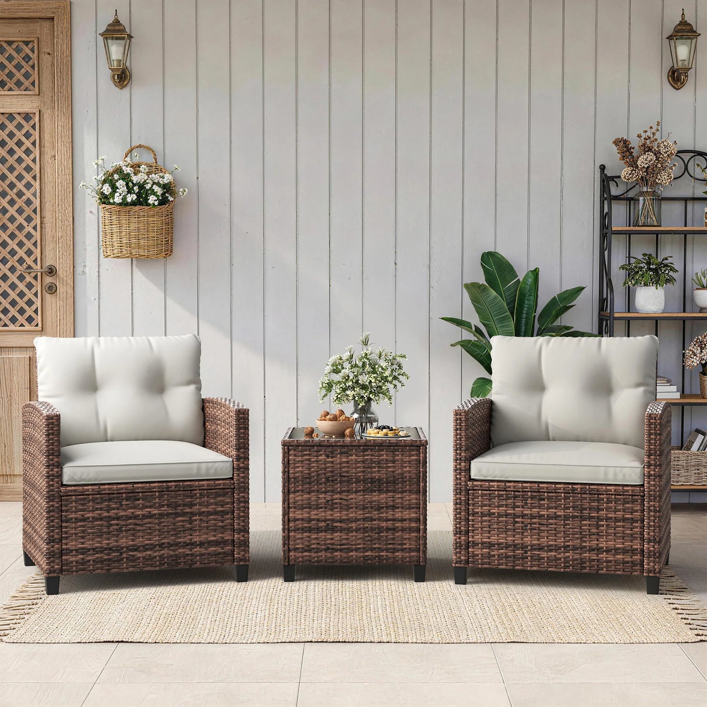 3-Piece Patio Furniture Set Outdoor Wicker Chairs Rattan Conversation Set With Glass Table & Cushions For Balcony Porch