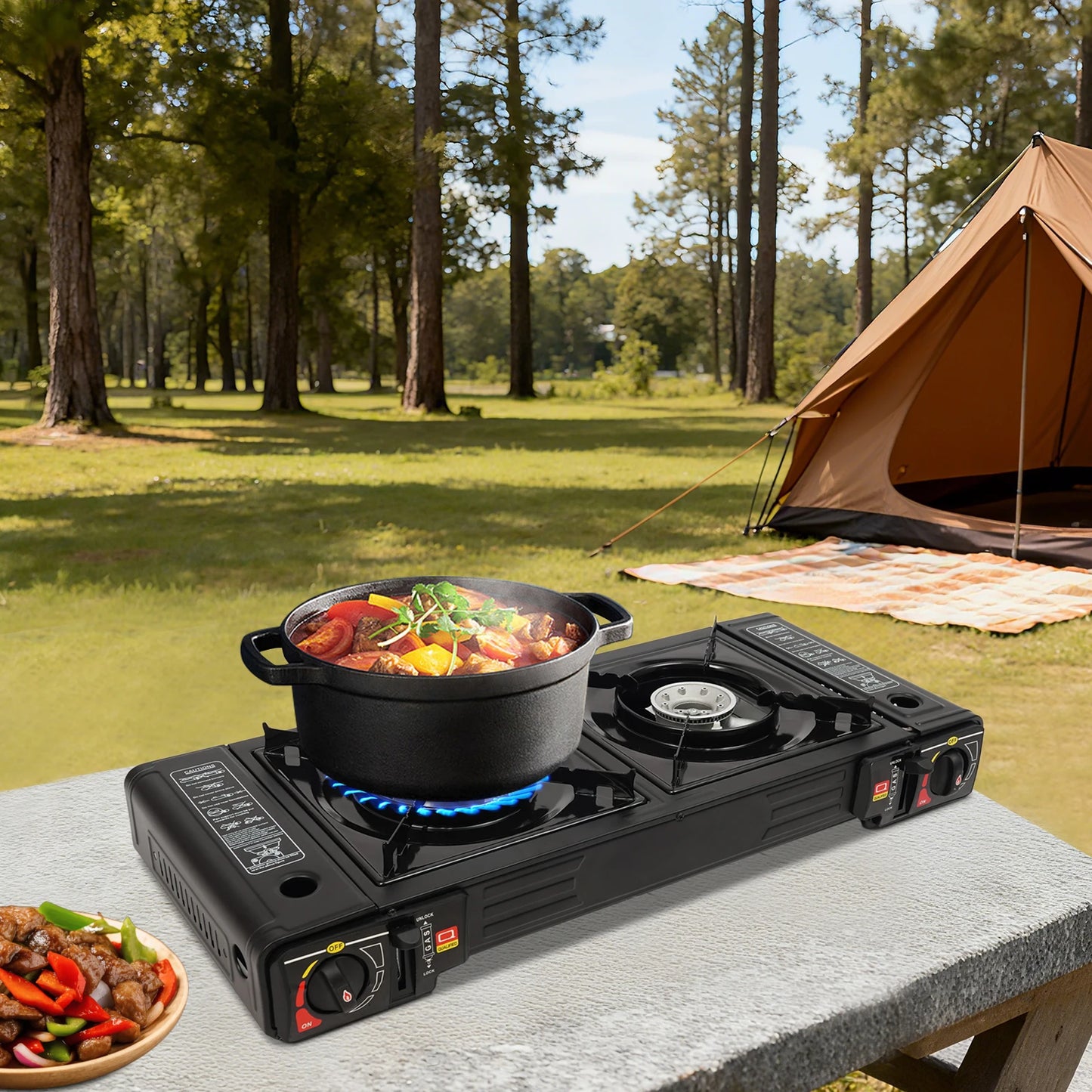 2-Burner Portable Camping Stove Butane Camping Stove Kit w/Baking Pan and Carrying Case Auto Ignition Camping Burner LPG