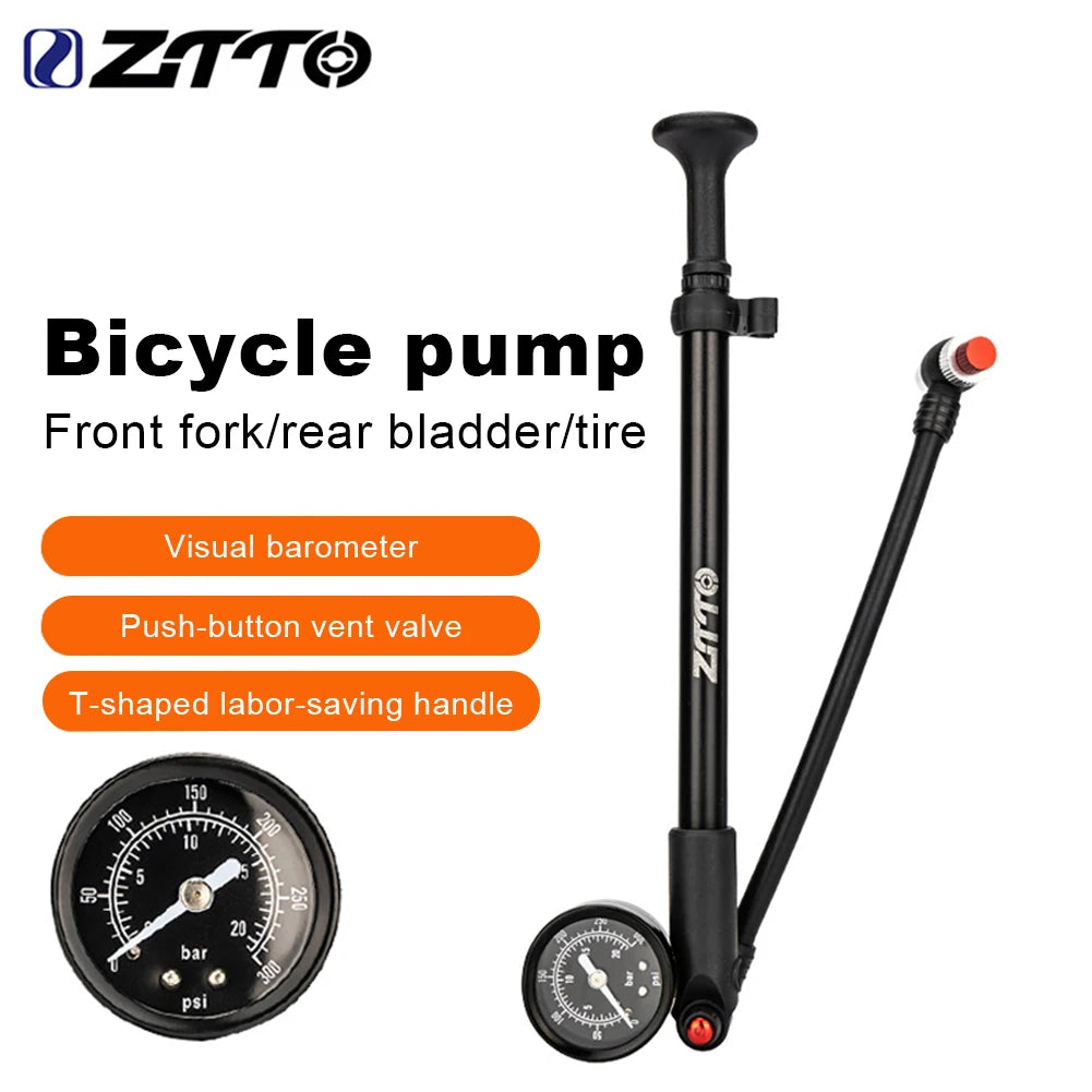 300PSI Bicycle Air Pump with Gauge Bike Tire Air Pump Schrader  Valve Portable Cycling Inflator for Fork & Rear Suspension