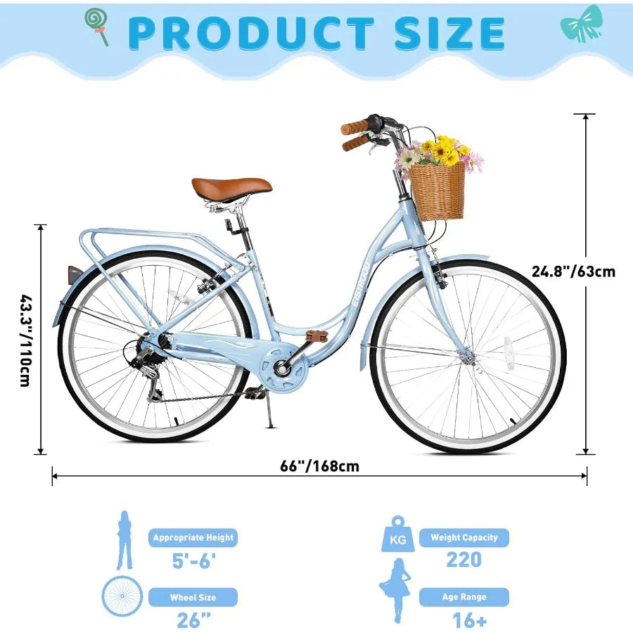 26 Inch Beach Cruiser Bike for Ladies 7-Speed Women Bike for Adults with Basket Rack Ideal City Bicycle for Commuting and Leisu