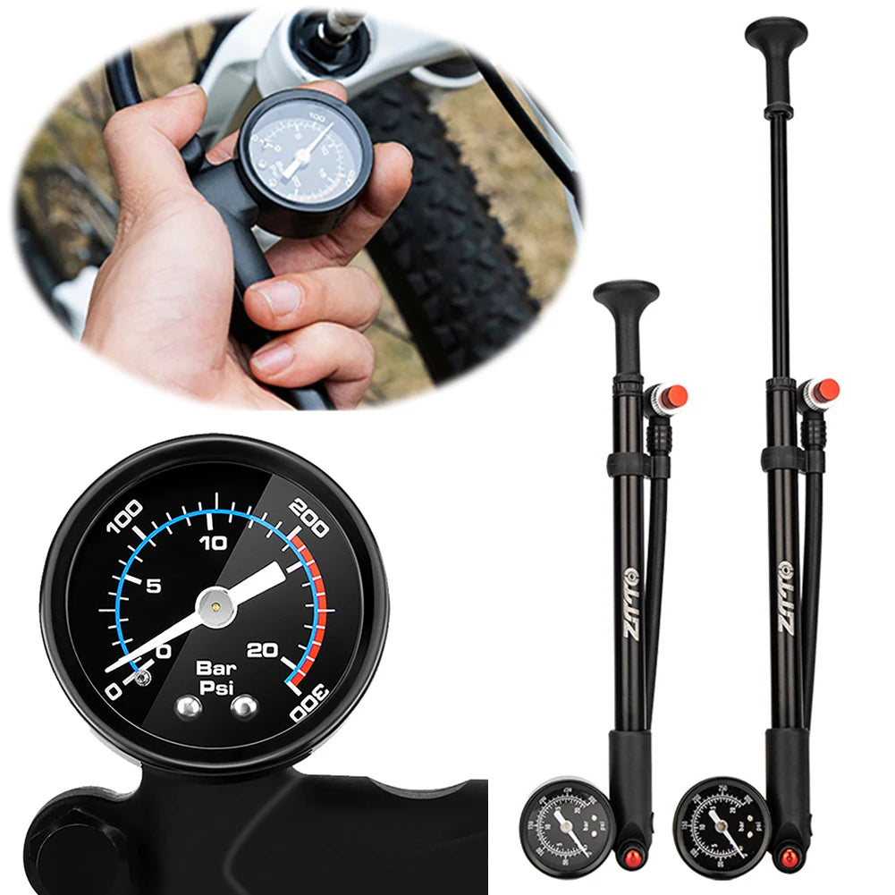 300PSI Bicycle Air Pump with Gauge Bike Tire Air Pump Schrader  Valve Portable Cycling Inflator for Fork & Rear Suspension
