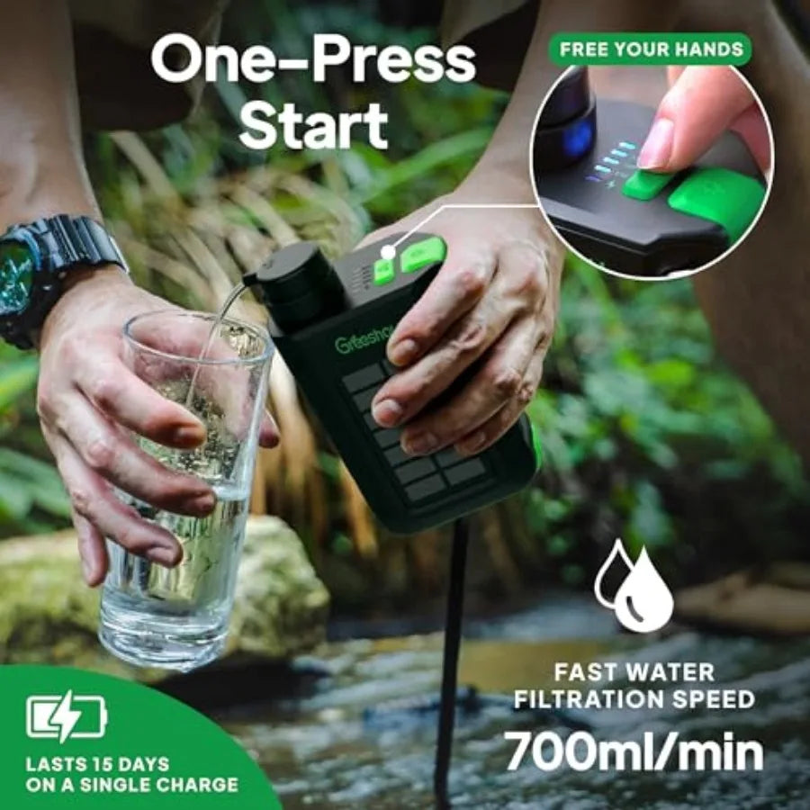 Portable Electric Water Filter for Camping and Survival - 0.01 Micron Water Purification System with Solar Hand Crank USB-C Cha