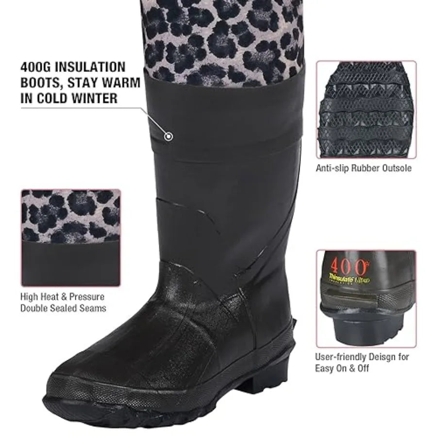 Women's 4mm Neoprene Leopard Hunting Waders with Insulated Boots Waterproof Fishing Waders for Women Black and Tan Pattern Ther