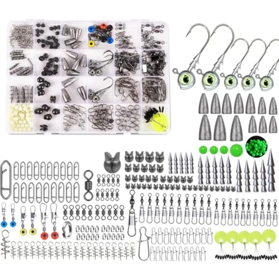 600 Pcs Tackle Box Fishing Kit with Hooks Sinkers Swivels Snaps Top Water Lure Spoons Soft Lures Jig Heads Frogs Minnow Accesso